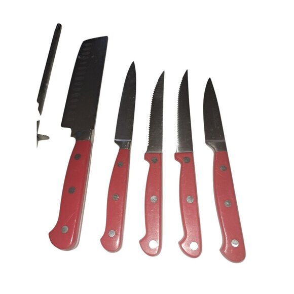 Pioneer Woman 8 Pc Knife Red Handles Stainless Steel Country Kitchen Farmhouse - Picture 12 of 12